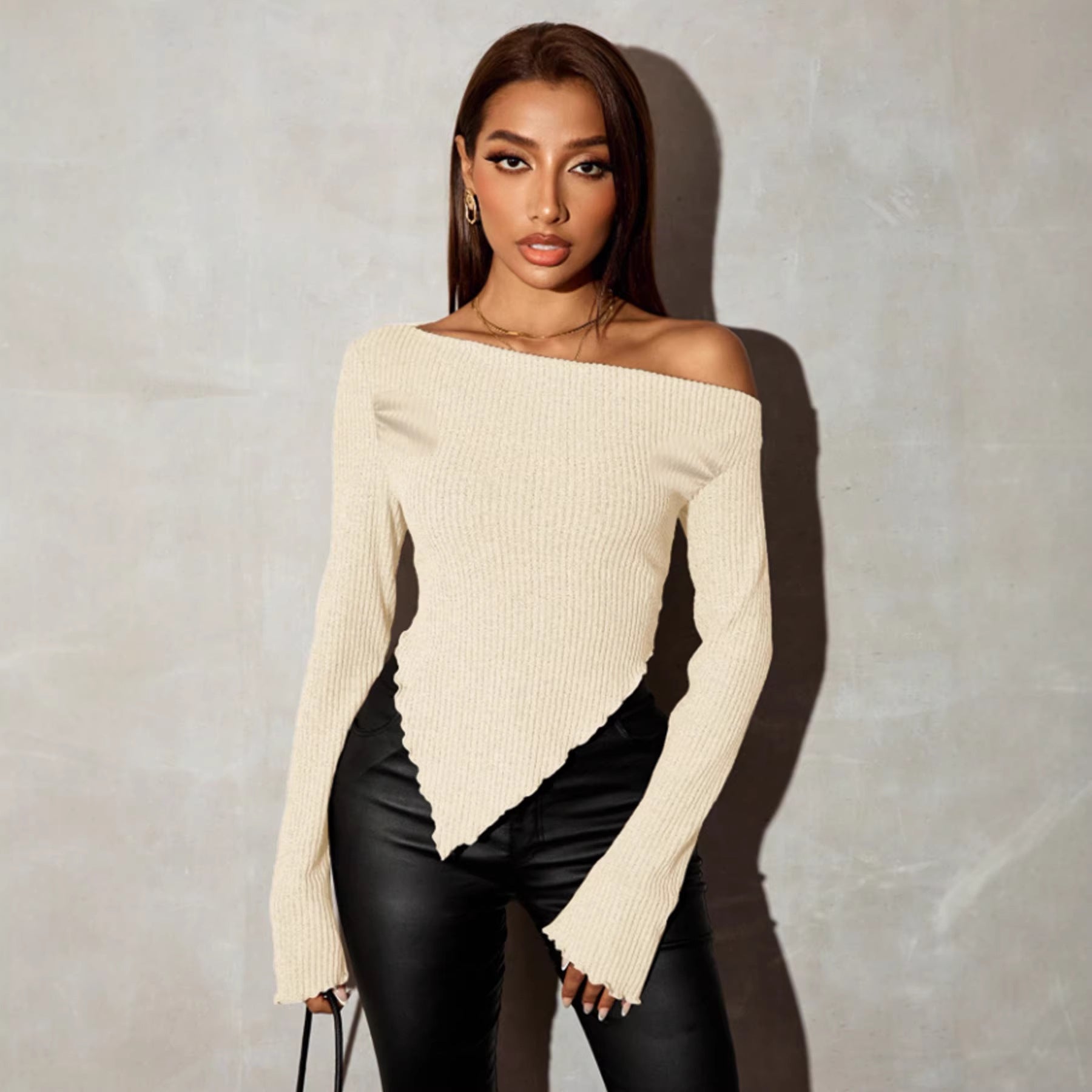 Asymmetric Slant Neck Long Sleeve Top Women - Off-Shoulder Flared Sleeve Blouse Apricot