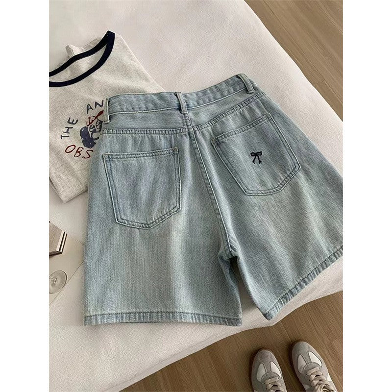 Designer Bow Embroidered Denim Shorts Women High Waist Wide Leg - Blue Elegant Commuter Style