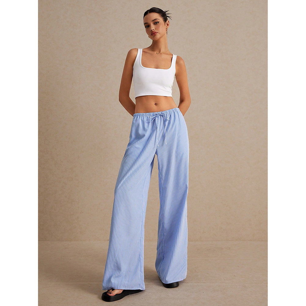 Niche Drawstring Elastic Waist Floor-Length Pants Women - Relaxed Fit Wide Leg Trousers
