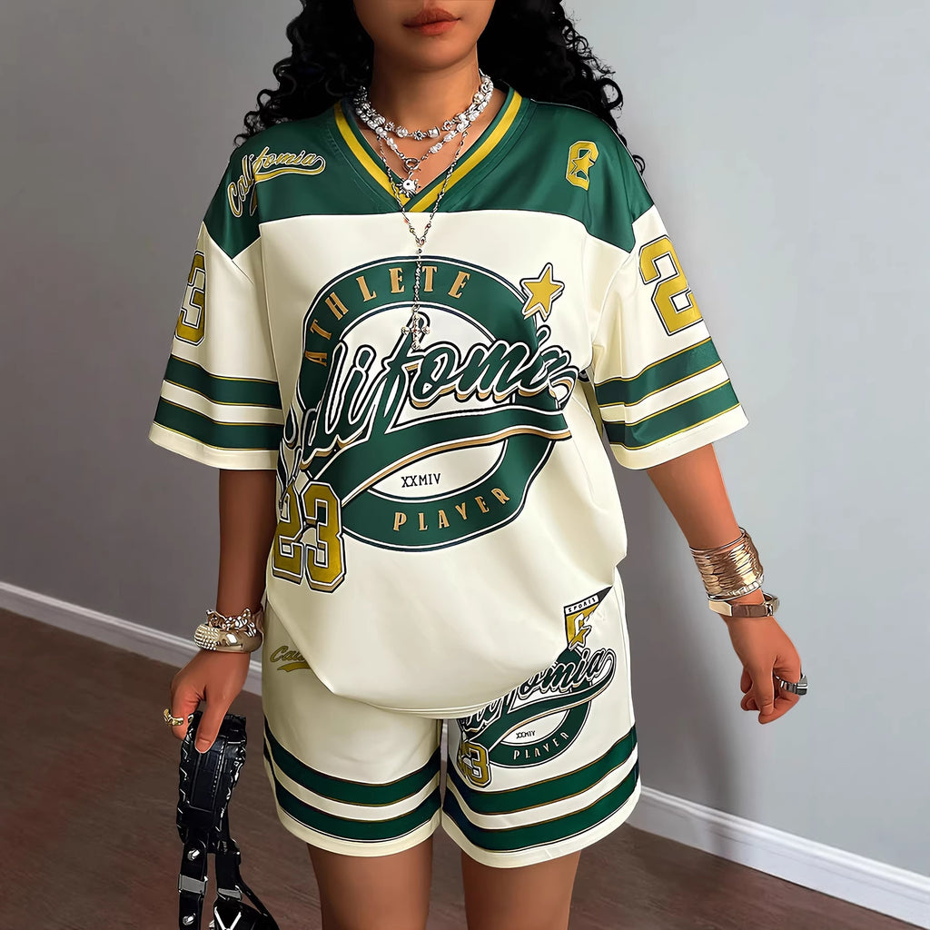 Short-Sleeve V-Neck Jersey Top & Shorts Two-Piece Set Women - Casual Summer Coord