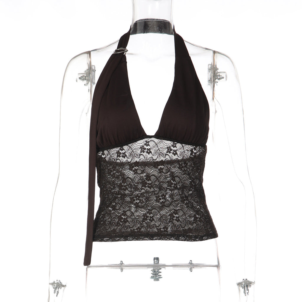 Lace Spliced Deep V-Neck Halter Top Women - Milk Silk A-Line Crop Top