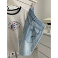 Designer Bow Embroidered Denim Shorts Women High Waist Wide Leg - Blue Elegant Commuter Style