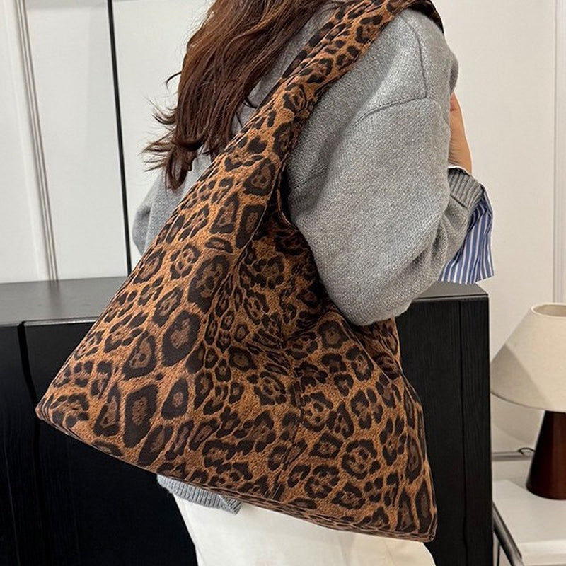 Simple Large Capacity Tote Bag Women - Soft Plush Shoulder Bag Everyday Carryall Leopard Black Coffee