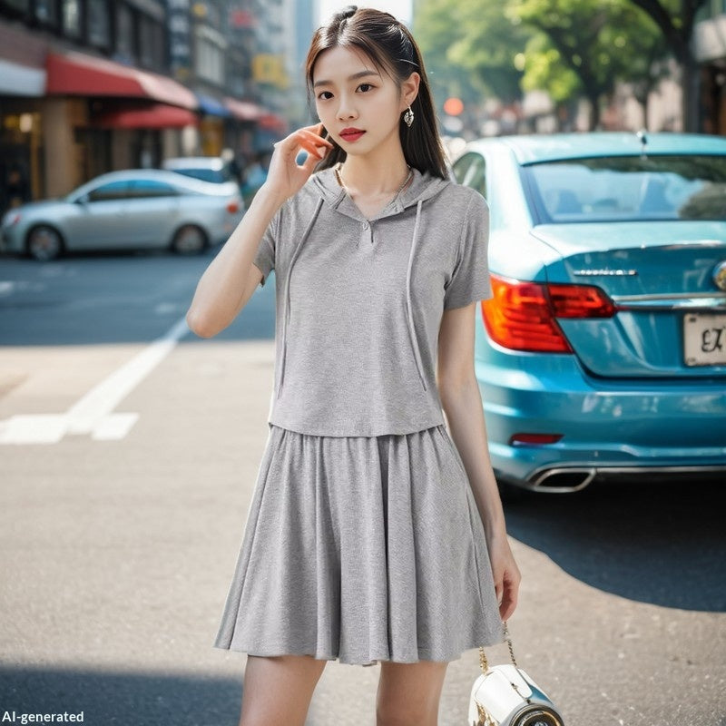 Laid-Back Athleisure Skirt Set Women - Solid Color Top & Cropped Skirt Two-Piece Outfit