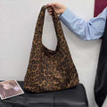 Simple Large Capacity Tote Bag Women - Soft Plush Shoulder Bag Everyday Carryall Leopard Black Coffee