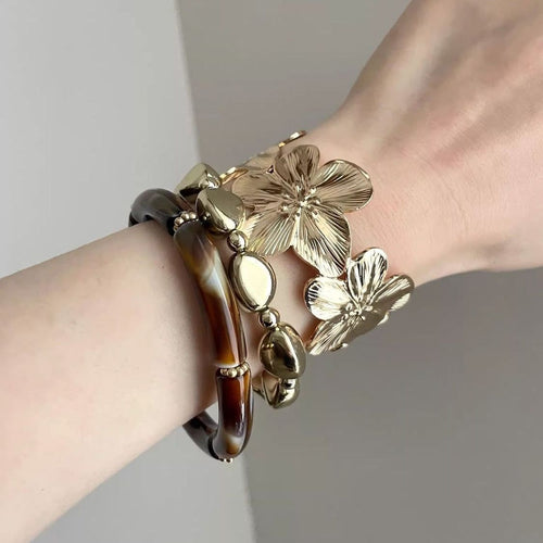 3 Pcs Women Metal Flower Bracelet Set - Acrylic Round Beads High-End Light Luxury Niche Jewelry