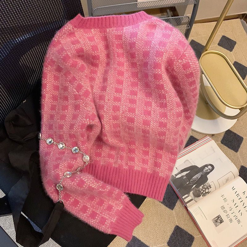 Japanese Style Lazy Loose Cardigan Women - Short Thickened Puff Sleeve Sweater Coat Purple Pink