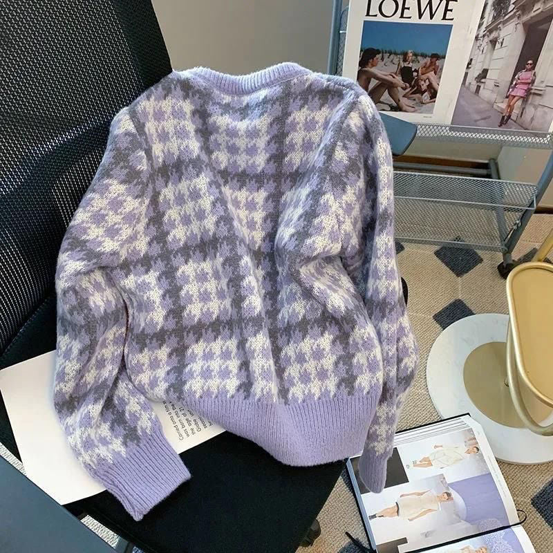 Japanese Style Lazy Loose Cardigan Women - Short Thickened Puff Sleeve Sweater Coat Purple Pink