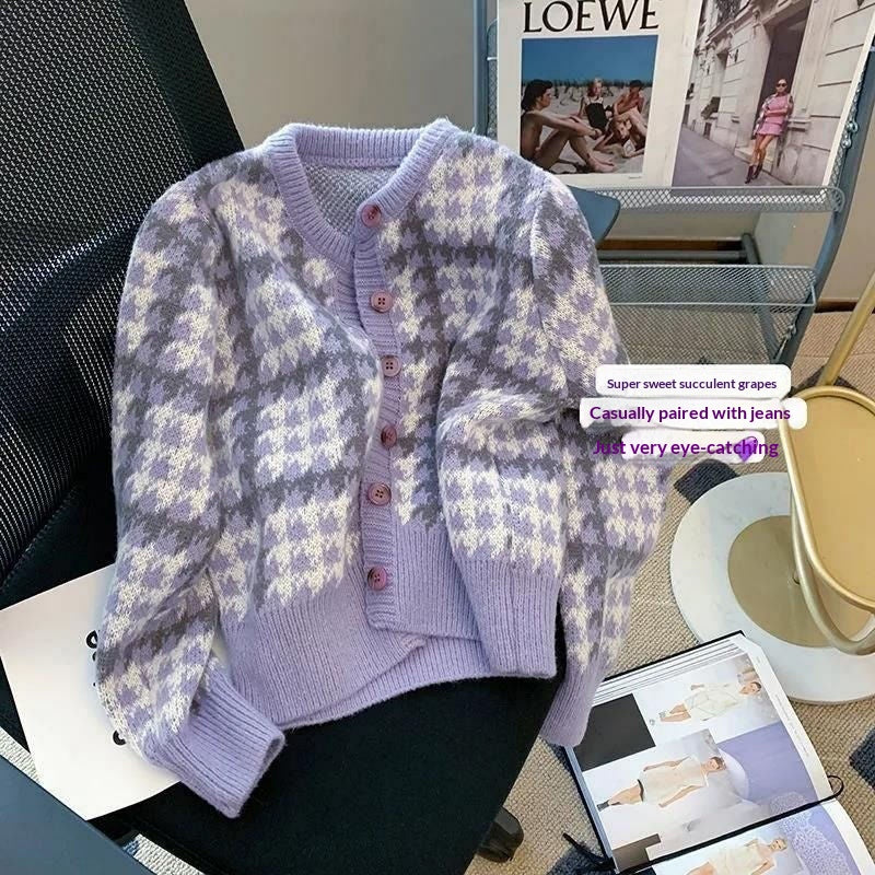 Japanese Style Lazy Loose Cardigan Women - Short Thickened Puff Sleeve Sweater Coat Purple Pink