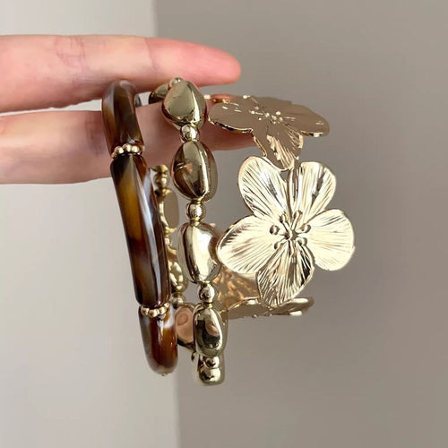 3 Pcs Women Metal Flower Bracelet Set - Acrylic Round Beads High-End Light Luxury Niche Jewelry