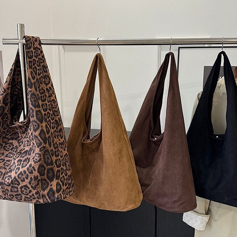 Simple Large Capacity Tote Bag Women - Soft Plush Shoulder Bag Everyday Carryall Leopard Black Coffee
