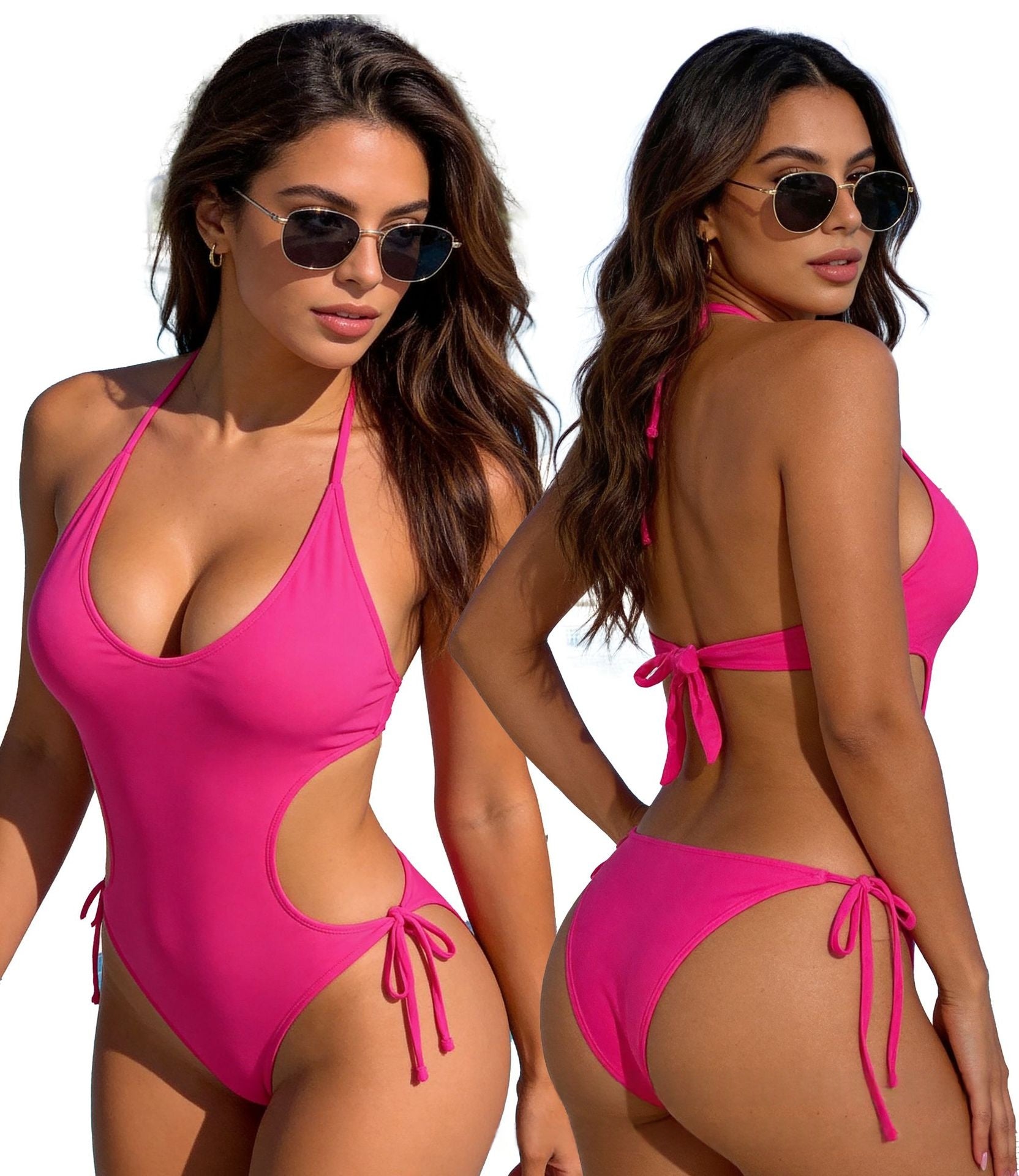 Deep V-Neck Ribbed Backless Lace-Up One Piece Swimsuit Women - Sexy Solid Color Swimwear