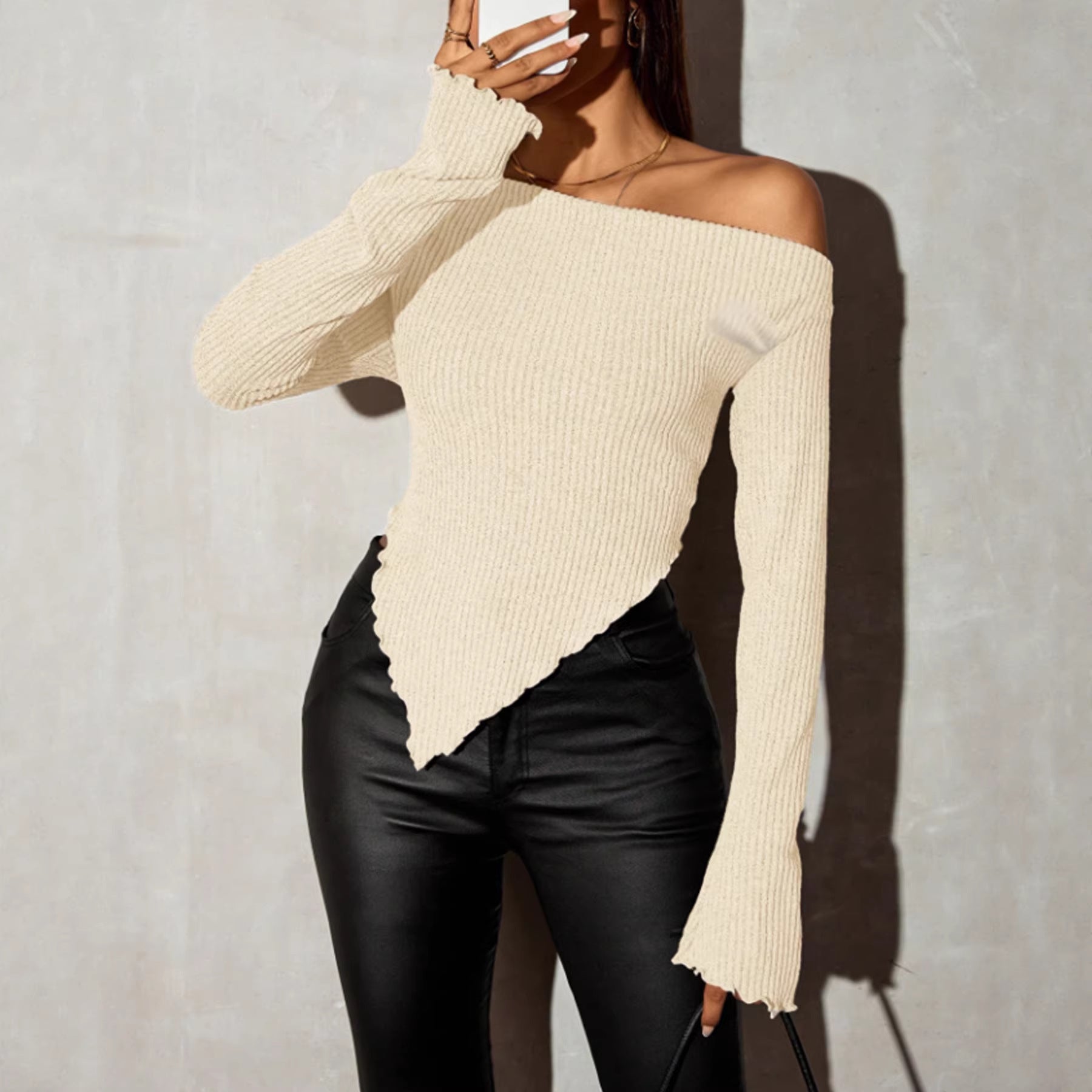 Asymmetric Slant Neck Long Sleeve Top Women - Off-Shoulder Flared Sleeve Blouse Apricot
