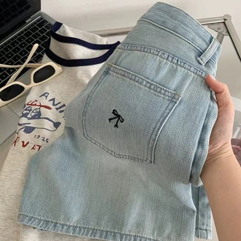 Designer Bow Embroidered Denim Shorts Women High Waist Wide Leg - Blue Elegant Commuter Style