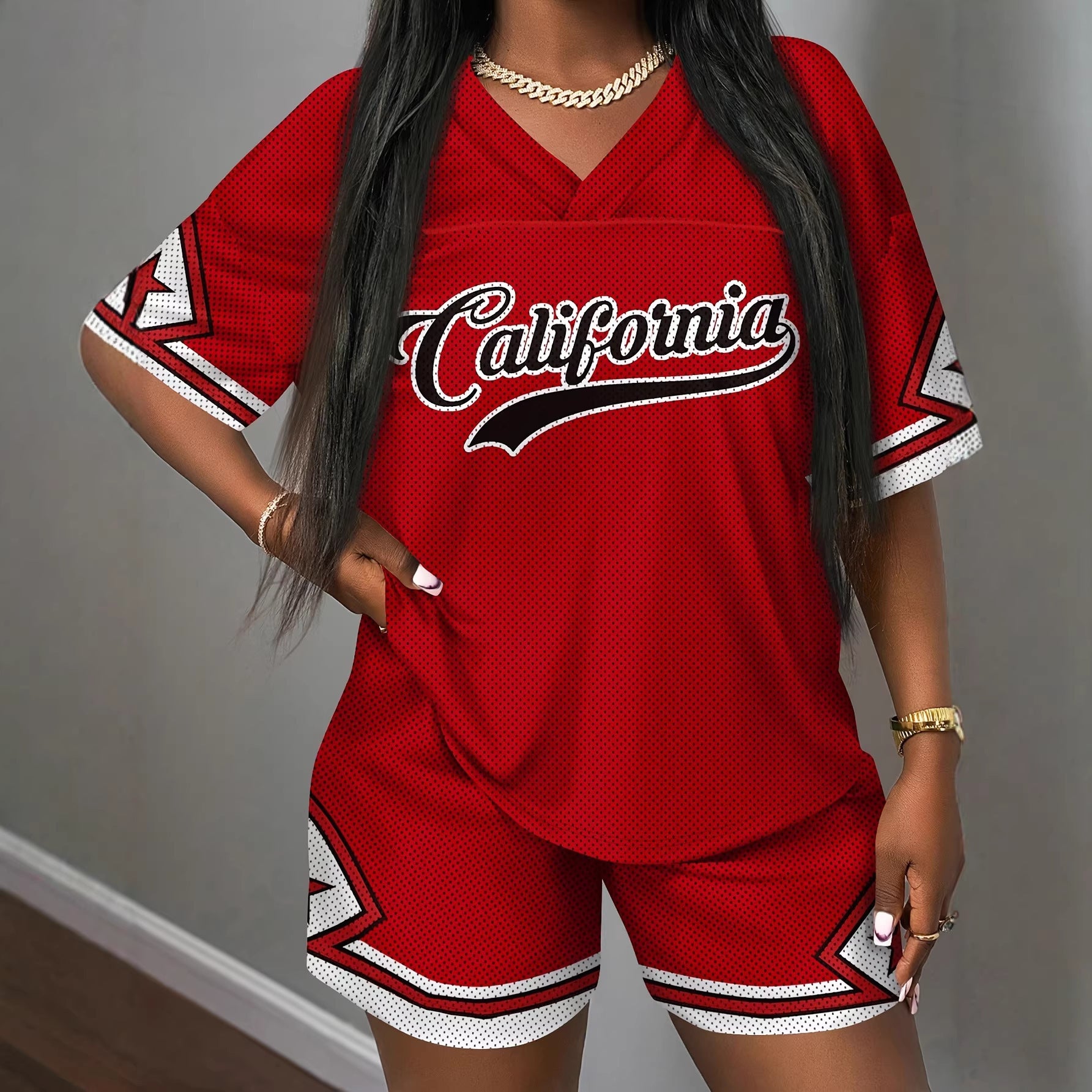 Short-Sleeve V-Neck Jersey Top & Shorts Two-Piece Set Women - Casual Summer Coord