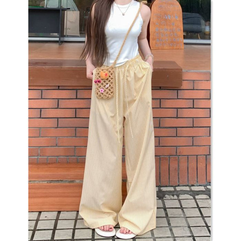 Niche Drawstring Elastic Waist Floor-Length Pants Women - Relaxed Fit Wide Leg Trousers
