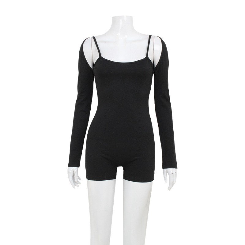 Solid Color Slim-Fit Athleisure Jumpsuit Set Women - Long Sleeve with Shoulder Piece