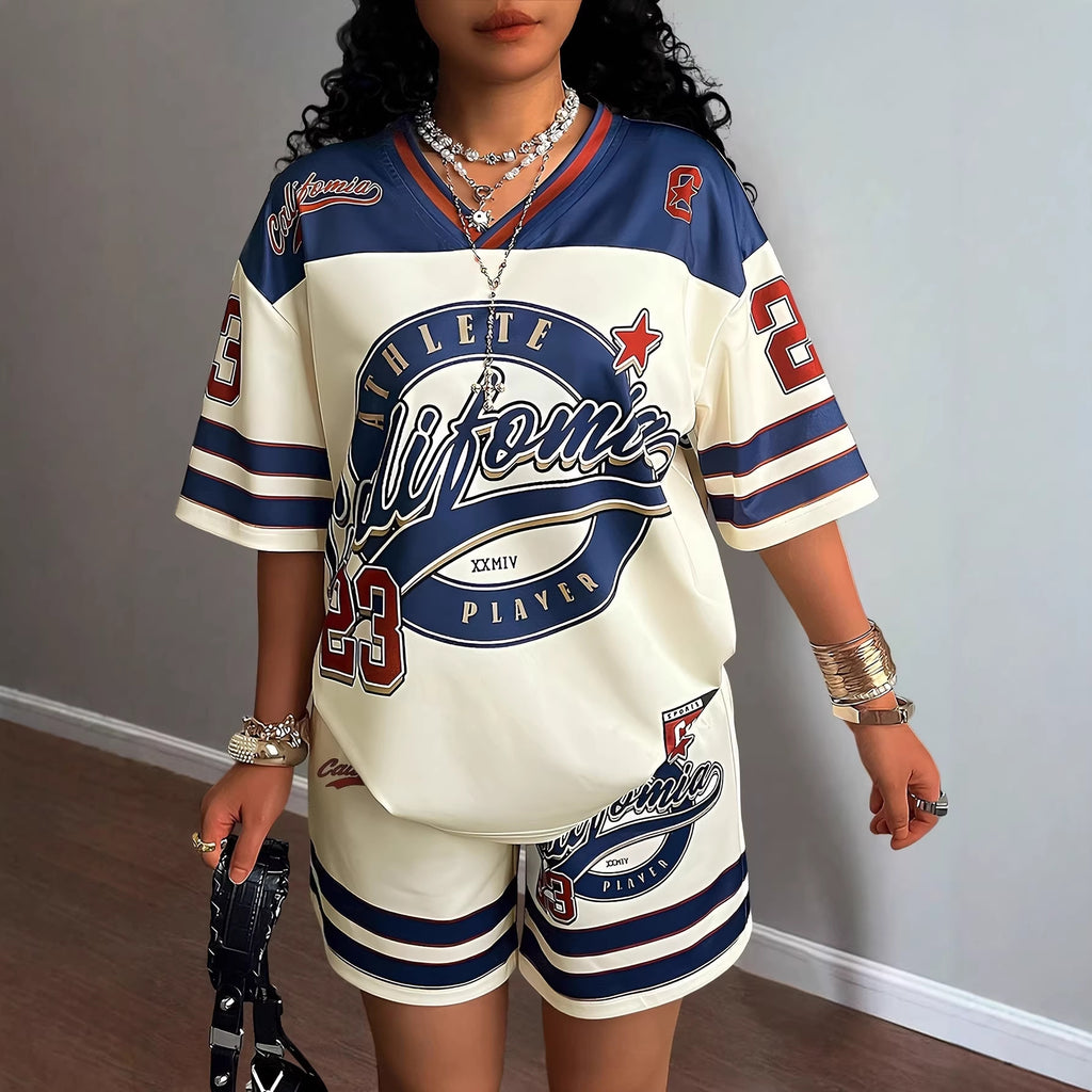 Short-Sleeve V-Neck Jersey Top & Shorts Two-Piece Set Women - Casual Summer Coord