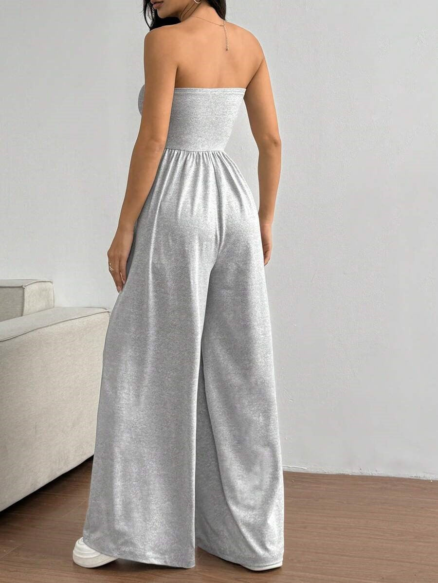 Women High Waisted Wide Leg Pants with Tube Top - Casual Versatile Elegant Commuter Set Solid Color