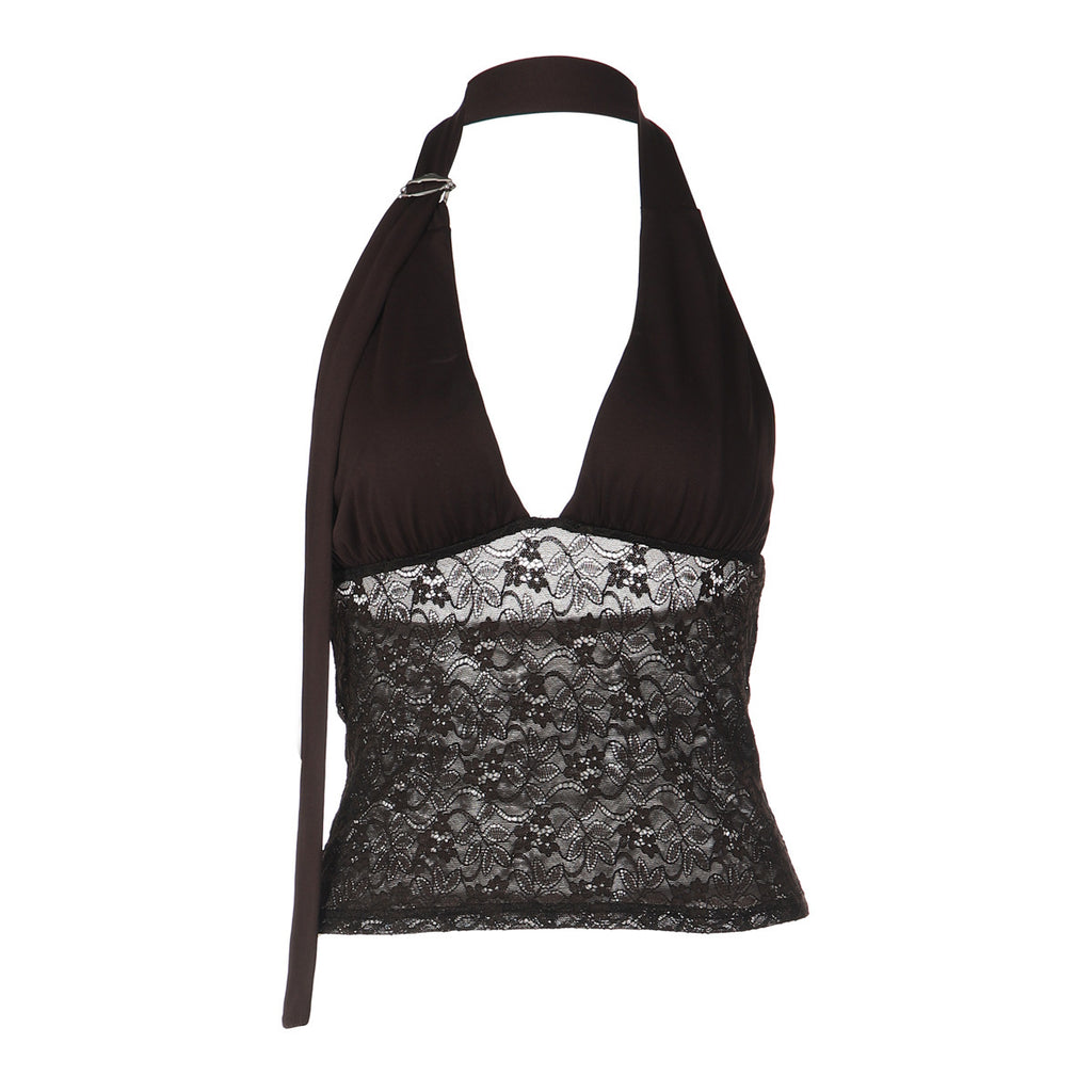 Lace Spliced Deep V-Neck Halter Top Women - Milk Silk A-Line Crop Top