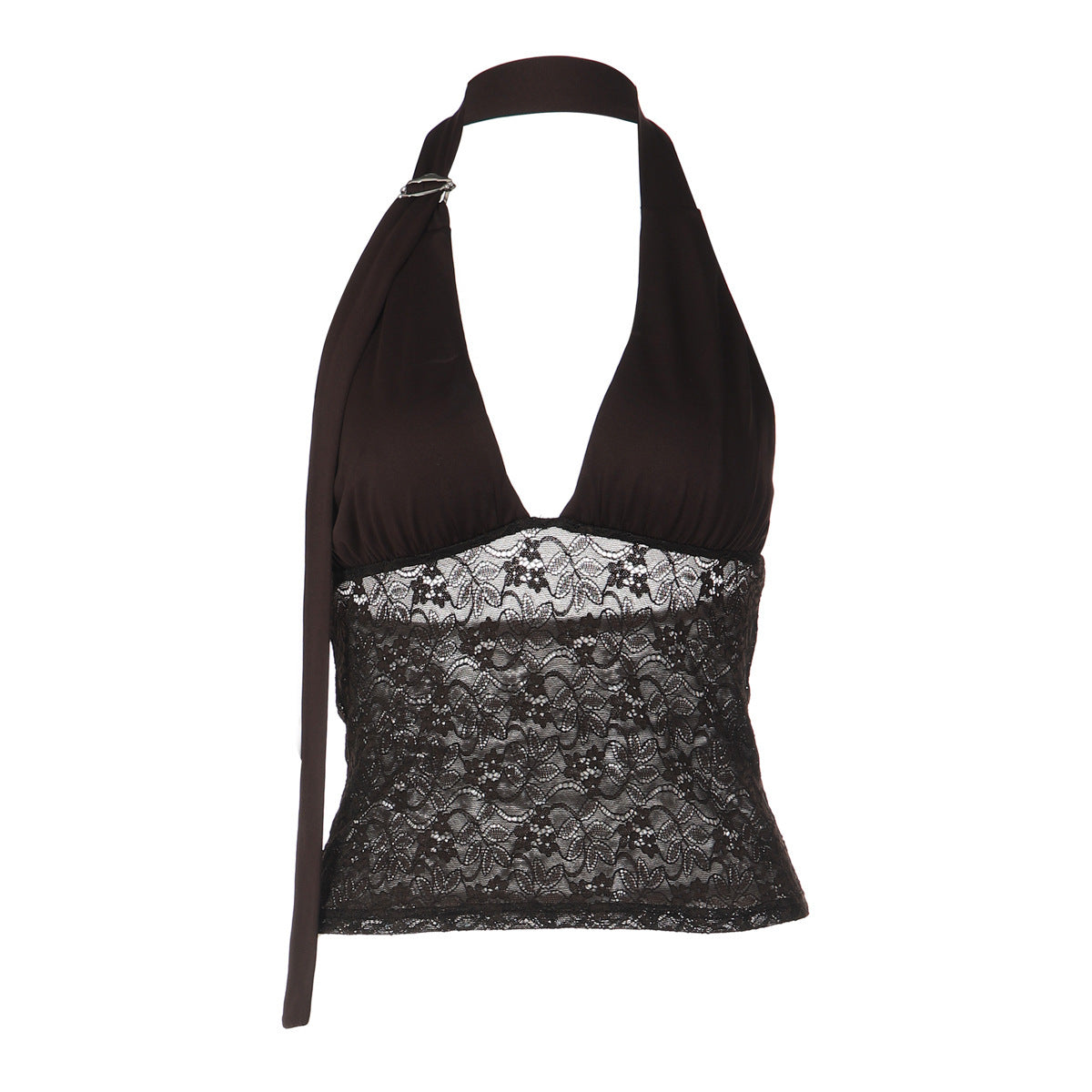 Lace Spliced Deep V-Neck Halter Top Women - Milk Silk A-Line Crop Top