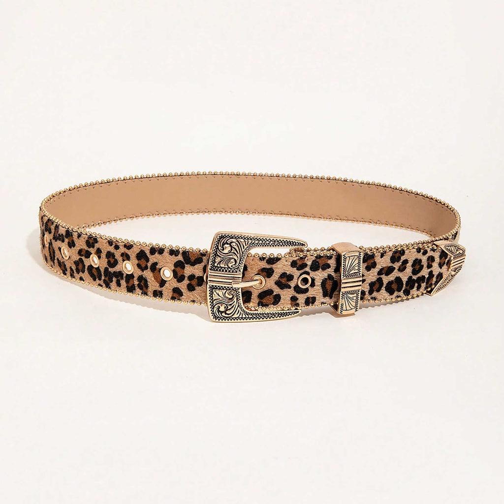 American Retro Leopard Print Belt Women - Metal Engraved Pin Buckle Leather Design Belt