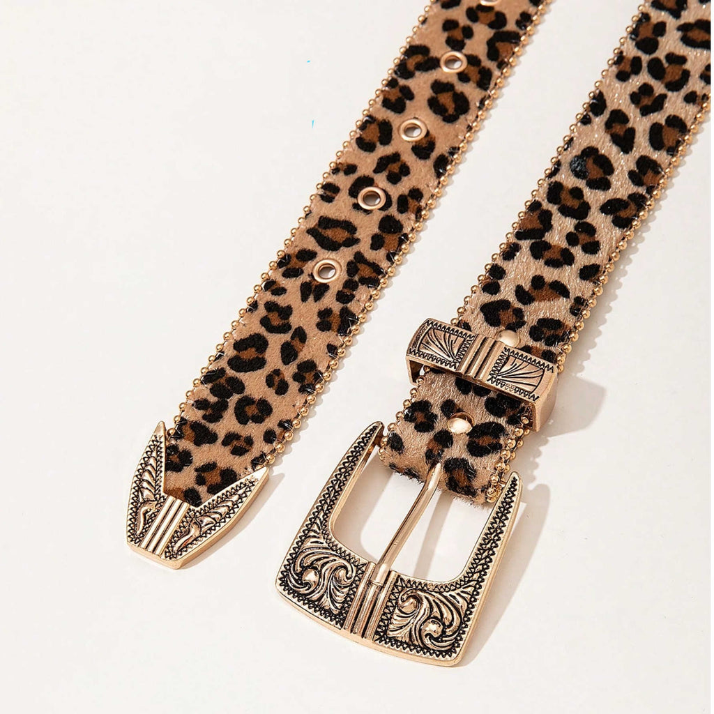 American Retro Leopard Print Belt Women - Metal Engraved Pin Buckle Leather Design Belt