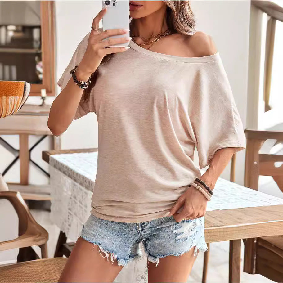 Batwing Sleeve Off-Shoulder Knitted Top Women - Loose Fit Solid Color Blouse