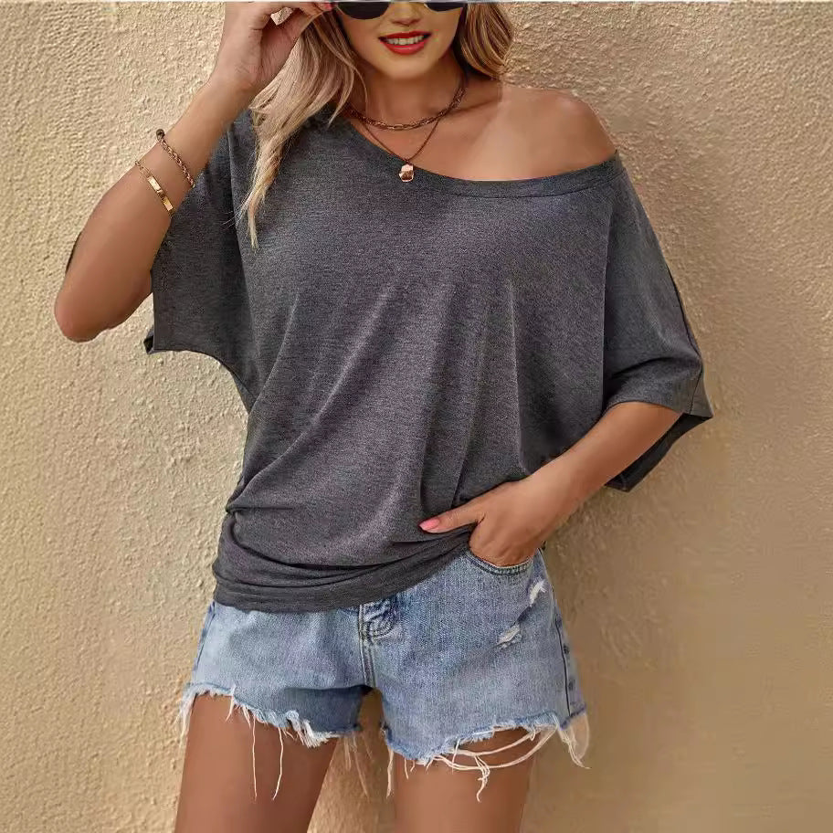 Batwing Sleeve Off-Shoulder Knitted Top Women - Loose Fit Solid Color Blouse