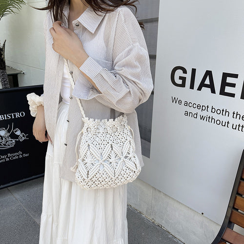 Beach Vacation Rope Weaved Cylinder Bag Women - Cotton Woven Crossbody Shoulder Bag Camel White Beige