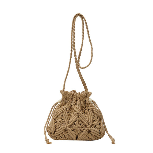 Beach Vacation Rope Weaved Cylinder Bag Women - Cotton Woven Crossbody Shoulder Bag Camel White Beige