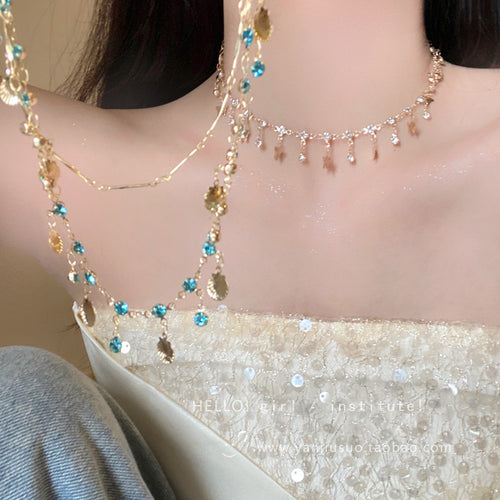 Bohemian Double Layer Necklace Women - Blue Rhinestone Shell Charms Gold Plated Tassel Clavicle Chain