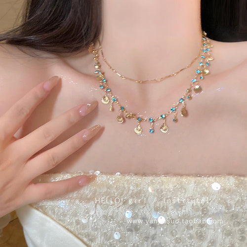 Bohemian Double Layer Necklace Women - Blue Rhinestone Shell Charms Gold Plated Tassel Clavicle Chain