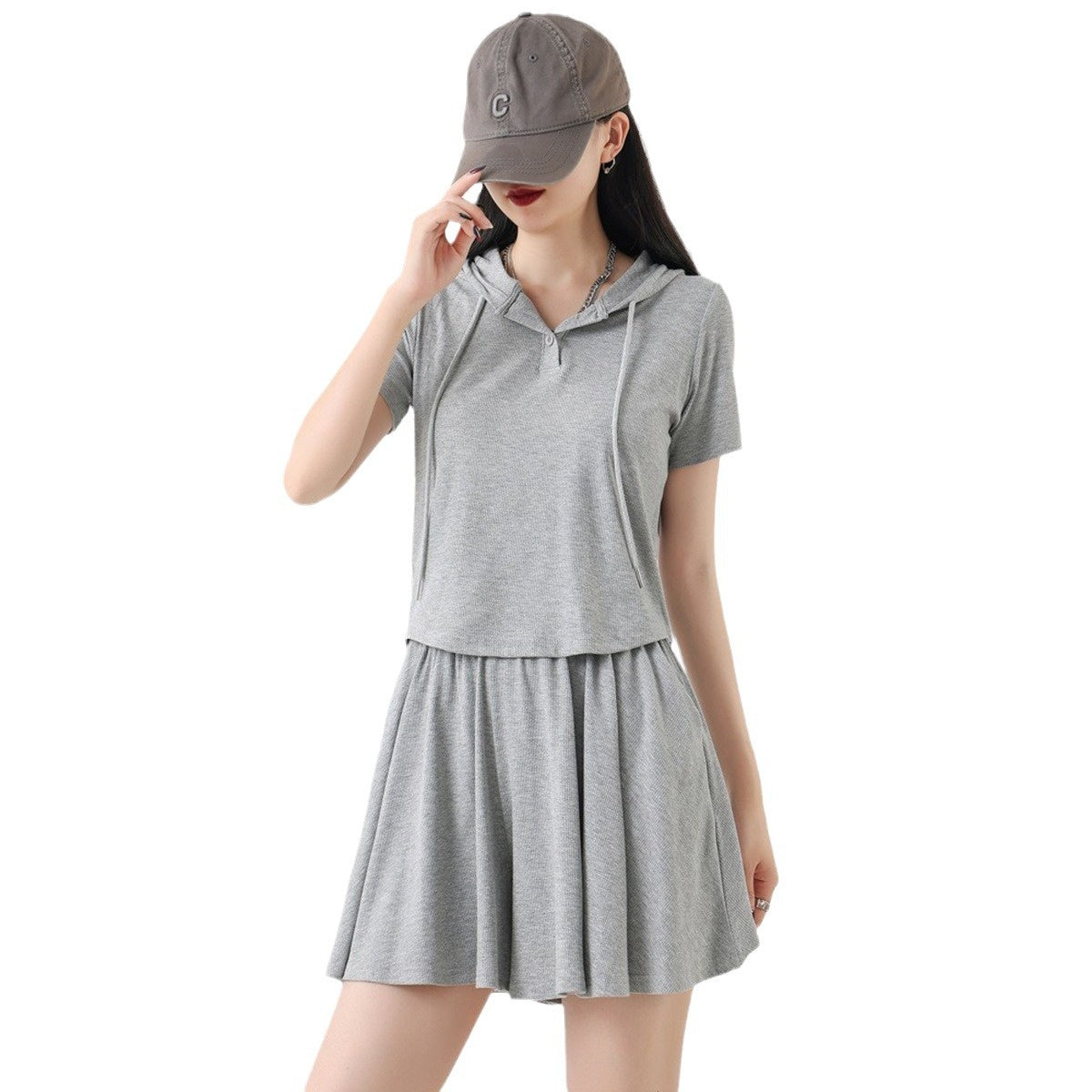 Laid-Back Athleisure Skirt Set Women - Solid Color Top & Cropped Skirt Two-Piece Outfit