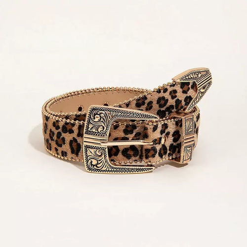 American Retro Leopard Print Belt Women - Metal Engraved Pin Buckle Leather Design Belt