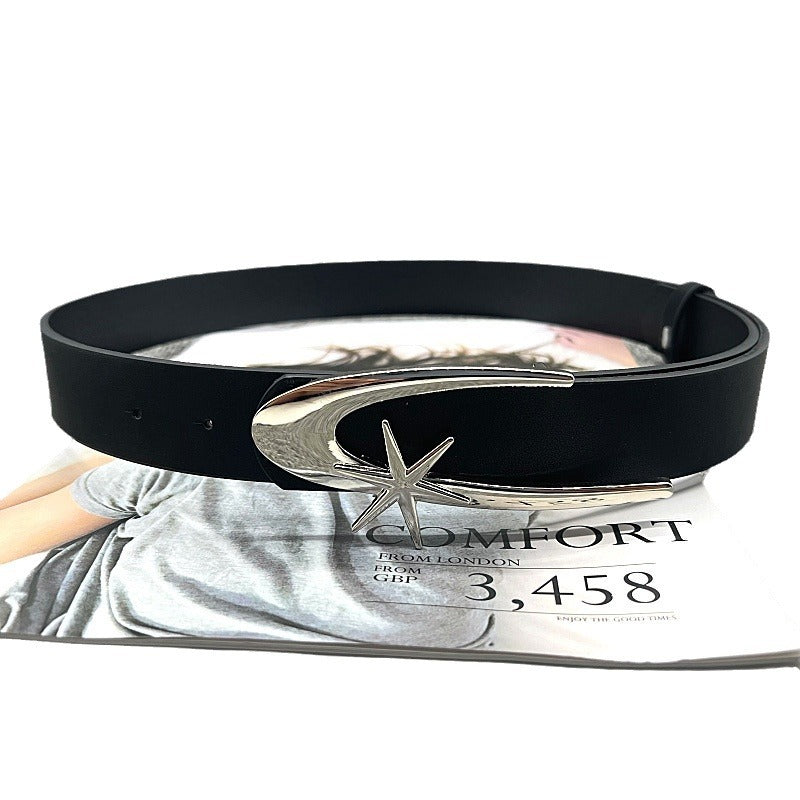 Crescent Moon Star Versatile Belt Women - Black PU Leather Hook Buckle Belt 105cm