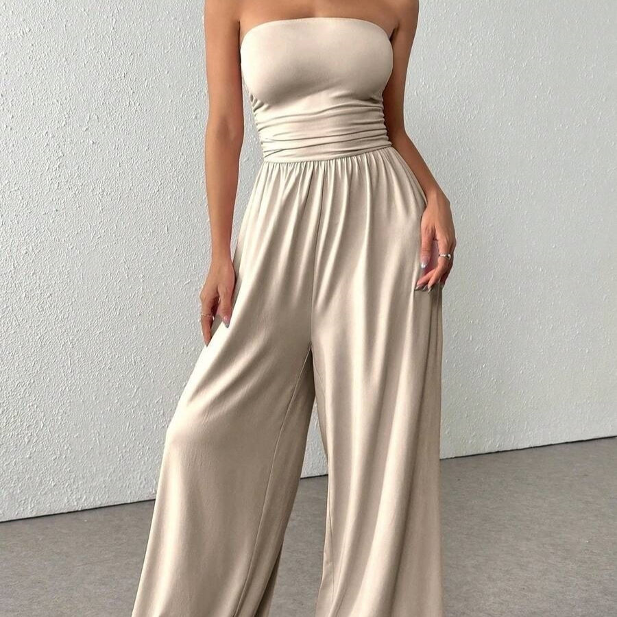 Women High Waisted Wide Leg Pants with Tube Top - Casual Versatile Elegant Commuter Set Solid Color