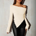Asymmetric Slant Neck Long Sleeve Top Women - Off-Shoulder Flared Sleeve Blouse Apricot
