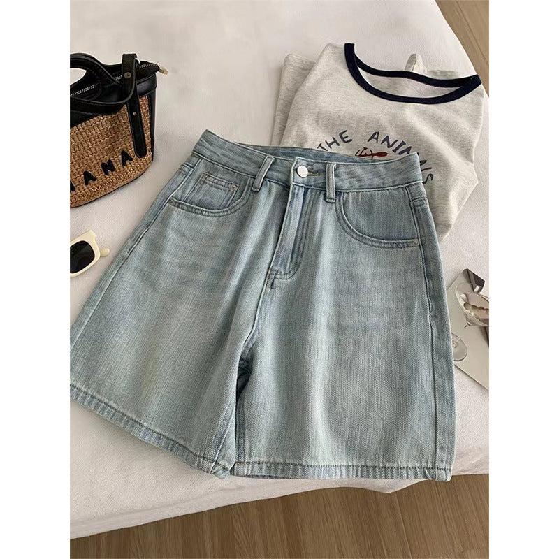 Designer Bow Embroidered Denim Shorts Women High Waist Wide Leg - Blue Elegant Commuter Style