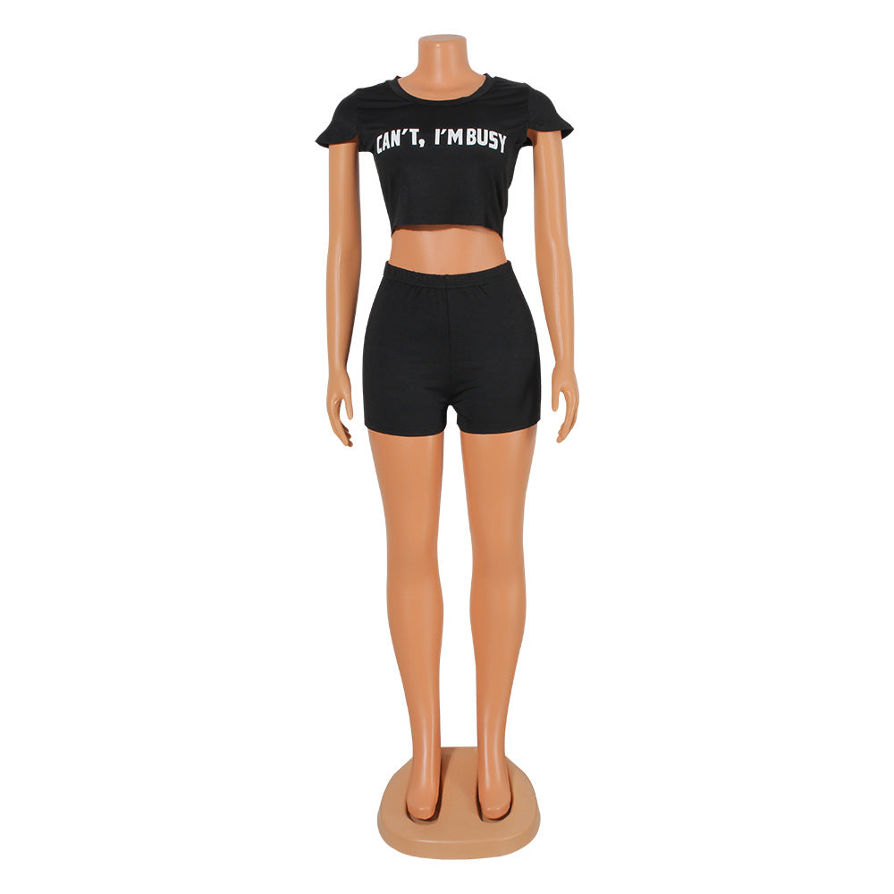 Fashion Athleisure Printed Short Suit Women - Short Sleeve Two-Piece Set Black