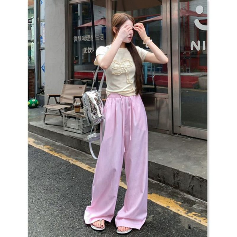 Niche Drawstring Elastic Waist Floor-Length Pants Women - Relaxed Fit Wide Leg Trousers