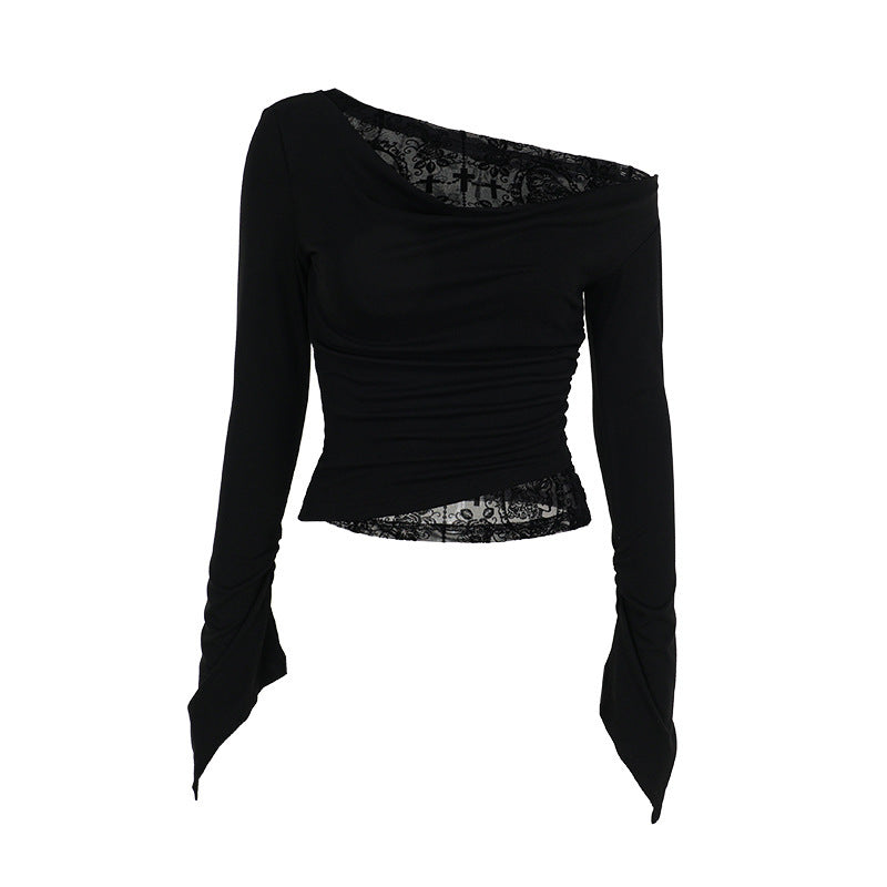 Flocked Patchwork Shrug Shoulder Long Sleeve Top Women - Slim Fit Crop Shirt