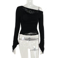 Flocked Patchwork Shrug Shoulder Long Sleeve Top Women - Slim Fit Crop Shirt