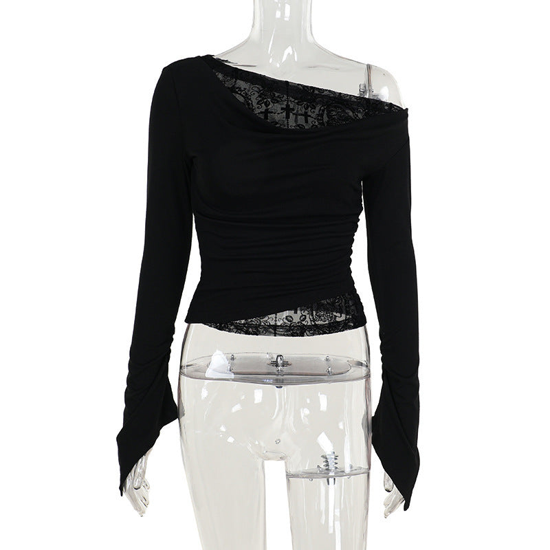Flocked Patchwork Shrug Shoulder Long Sleeve Top Women - Slim Fit Crop Shirt