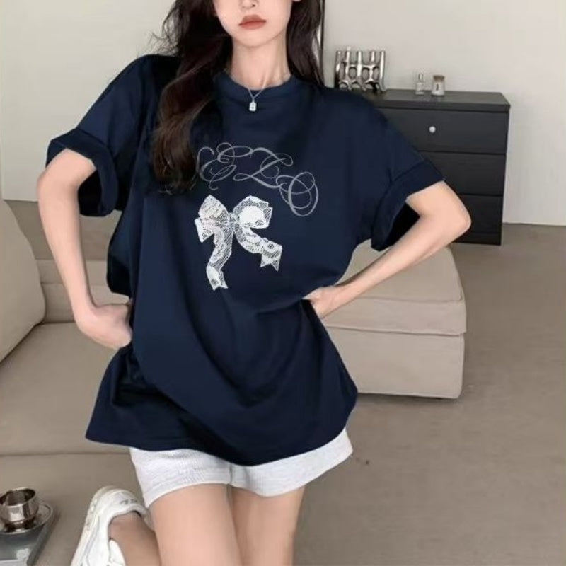 French Style Bow Short Sleeve Top Women - Loose Fit Summer Pullover Shirt Navy Blue