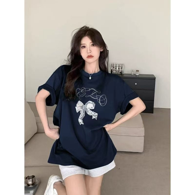 French Style Bow Short Sleeve Top Women - Loose Fit Summer Pullover Shirt Navy Blue