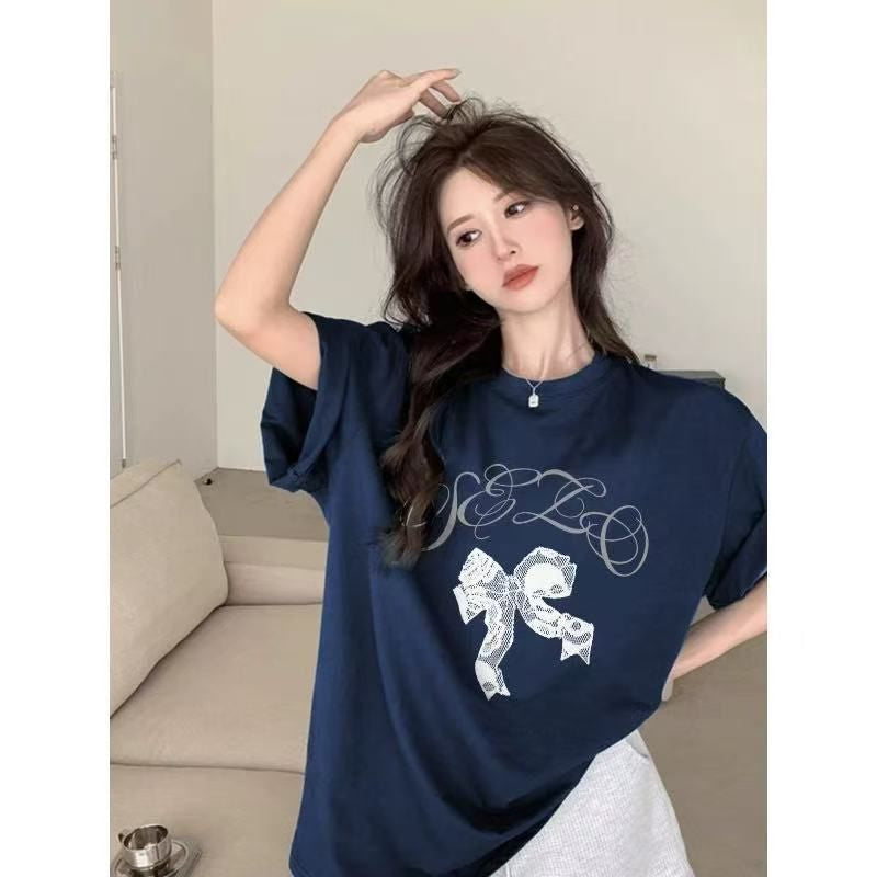 French Style Bow Short Sleeve Top Women - Loose Fit Summer Pullover Shirt Navy Blue