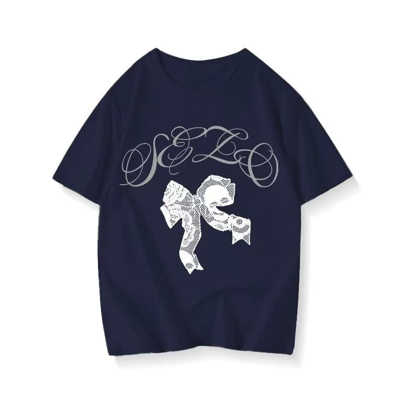 French Style Bow Short Sleeve Top Women - Loose Fit Summer Pullover Shirt Navy Blue