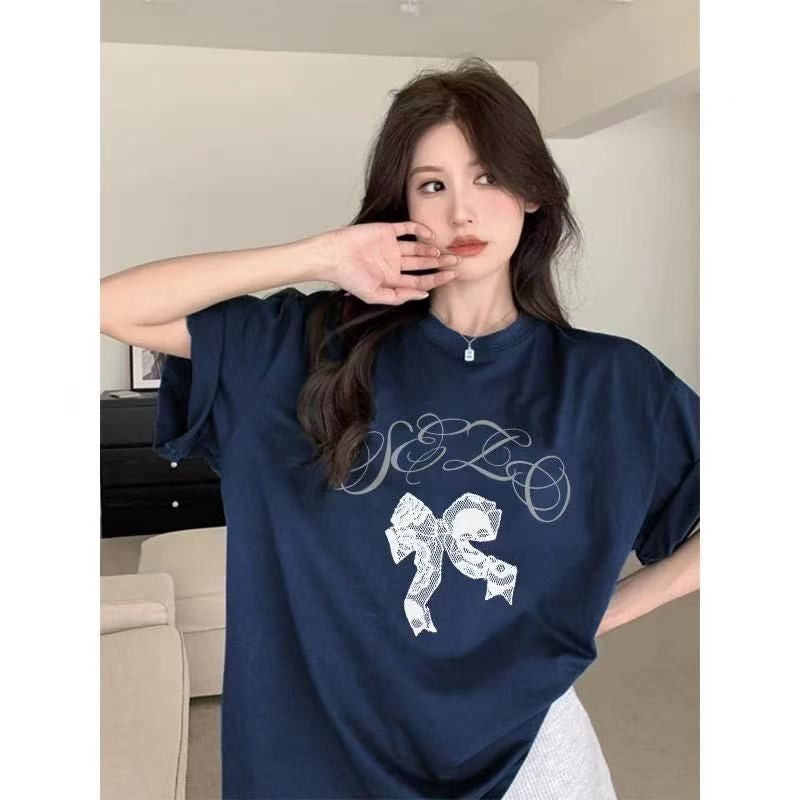 French Style Bow Short Sleeve Top Women - Loose Fit Summer Pullover Shirt Navy Blue