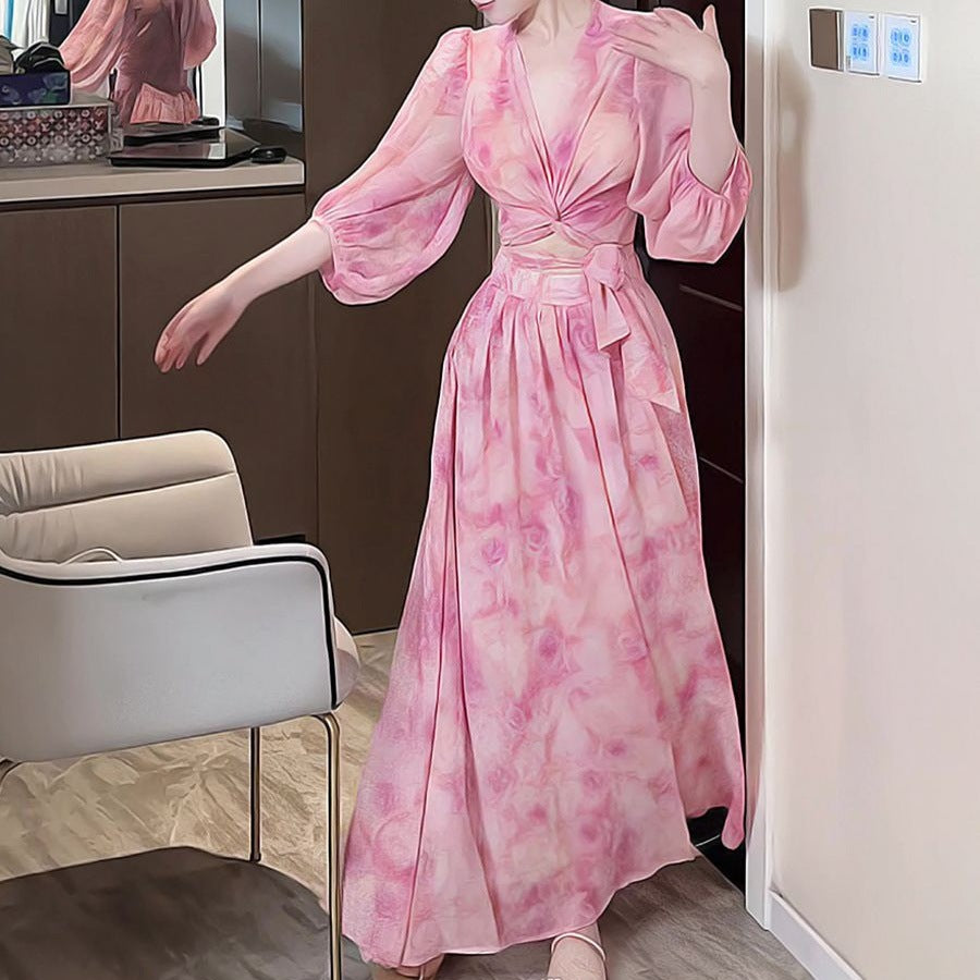 High-Waisted Skirt Two-Piece Set Women - Long Sleeve Top & Long Skirt Matching Coord
